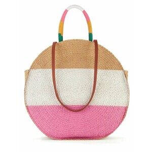 Time and Tru Straw Beach Bag Purse Shoulder Bag Tan Pink Leather Straps NWT